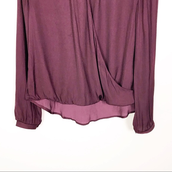 ASTR Burgundy Wine Purple Faux Wrap Top Loose Fit Flowy Chiffon Drape Blouse - Picture 3 of 8
